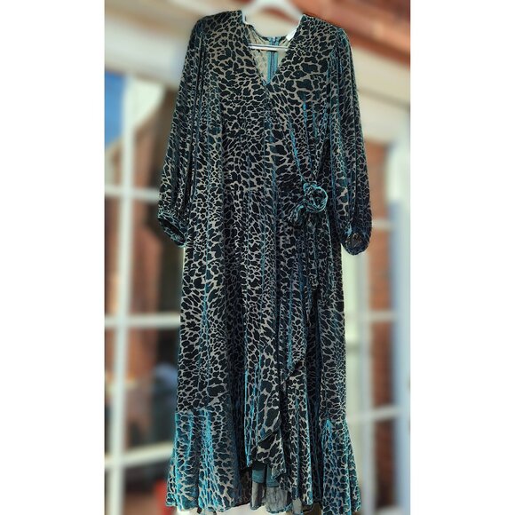 Calvin Klein Malachite Green Velvet Burnout Animal Print Faux Wrap Ruffle Dress - Picture 8 of 10